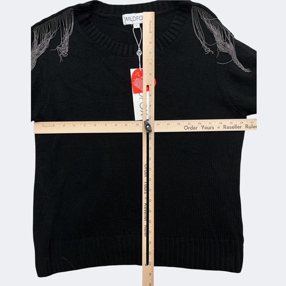 Wildfox Sweater L Black Relaxed Fit Crewneck Pull Over Chain Fringe Wool Blend - Picture 6 of 12